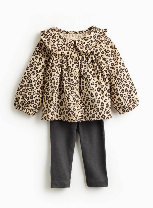 Leopard Printed Corduroy Top & Grey Leggings Set 3-6 months